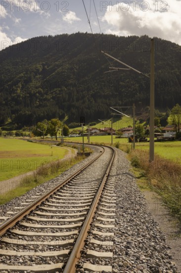 Railway tracks between Oberammergau and Unterammergau, Deutsche Bahn, train, local transport, local passenger transport, Pulvermoos, moorland, cultural landscape, tourism, Alps, mountains, Ammergau, Ammergau Alps, Bavaria, Upper Bavaria, Germany