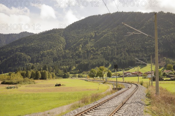 Railway tracks between Oberammergau and Unterammergau, Deutsche Bahn, train, local transport, local passenger transport, Pulvermoos, moorland, cultural landscape, tourism, Alps, mountains, Ammergau, Ammergau Alps, Bavaria, Upper Bavaria, Germany
