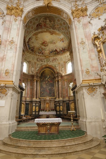 Altar area in Ettal Monastery, monastery church, Benedictine Abbey, Benedictines, Baroque, tourism, Alps, mountains, Ammergau, Ammergau Alps, Bavaria, Upper Bavaria, Germany
