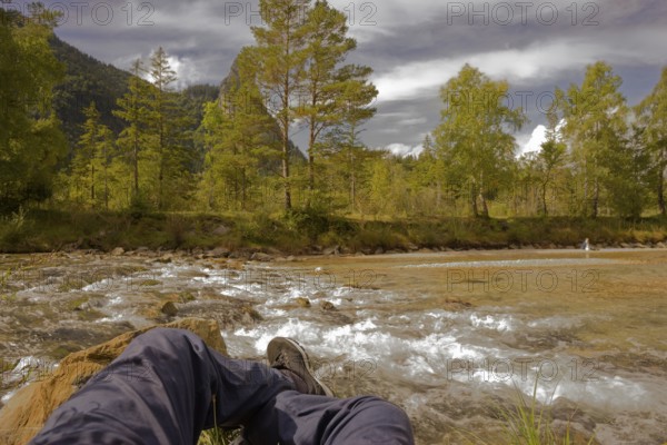 Relaxing on the Ammer near Oberammergau, Kofel, tourism, Alps, mountains, Ammergau, Ammergau Alps, Bavaria, Upper Bavaria, Germany