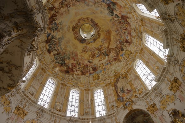 Paintings in the dome area of the monastery church, Ettal Monastery, church, Benedictine Abbey, Benedictines, Baroque, tourism, Alps, mountains, Ammergau, Ammergau Alps, Bavaria, Upper Bavaria, Germany