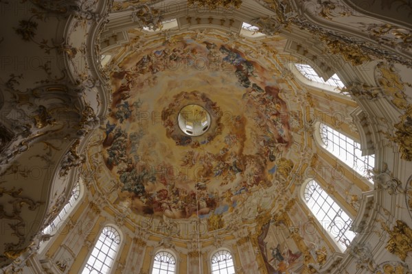 Paintings in the dome area of the monastery church, Ettal Monastery, church, Benedictine Abbey, Benedictines, Baroque, tourism, Alps, mountains, Ammergau, Ammergau Alps, Bavaria, Upper Bavaria, Germany