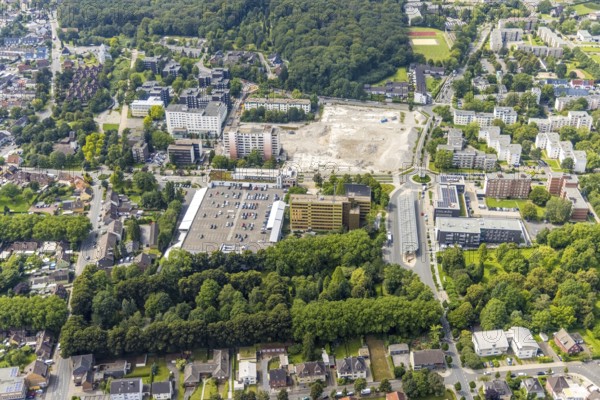 Aerial view, town hall and construction site with demolition of the former tower mall in Weddinghofen, Bergkamen, Ruhr area, North Rhine-Westphalia, Germany, construction work, construction area, building site, building plots, construction project, construction site, authority, DE, Europe, aerial view, aerial photography, aerial photography, town hall, city administration, overview, bird's-eye view, overview