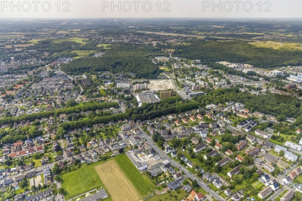 Aerial view, town hall and construction site with demolition of the former tower mall in Weddinghofen, Bergkamen, Ruhr area, North Rhine-Westphalia, Germany, construction work, construction area, building site, building plots, construction project, construction site, authority, DE, Europe, aerial view, aerial photography, aerial photography, town hall, city administration, overview, bird's-eye view, overview