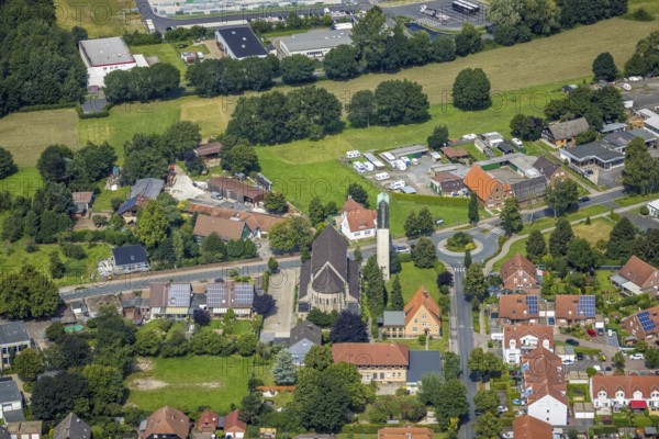 Aerial view, Catholic Church of the Sacred Heart of Jesus in Rünthe, Bergkamen, Ruhr area, North Rhine-Westphalia, Germany, place of worship, DE, Europe, religious community, place of worship, sacred site, church, parish, denomination, aerial view, aerial photography, aerial photography, religion, religious site, overview, bird's-eye view, overview