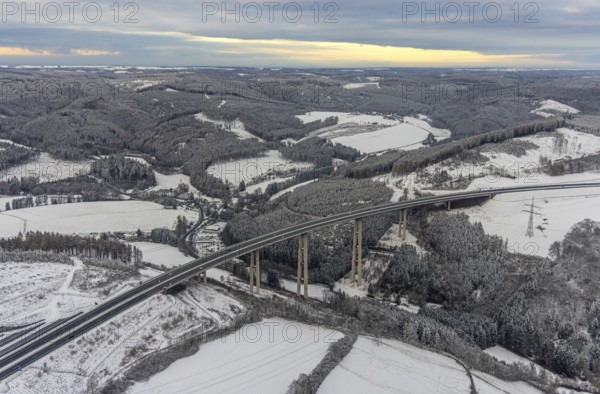 Aerial view of the highest viaduct in North Rhine-Westphalia in Nuttlar in Bestwig in Sauerland in North Rhine-Westphalia, Germany, Bestwig, Sauerland, North Rhine-Westphalia, DE, Europe, aerial photograph, birds-eyes view, aerial photography, aerial photography, overview, overview, bird's eye view, winter, snow, lockdown