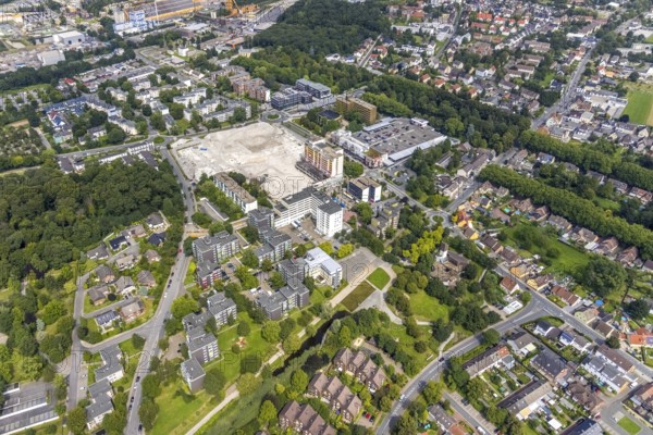 Aerial view, town hall and town hall square as well as construction site with demolition of the former Turmarkaden in Weddinghofen, Bergkamen, Ruhr area, North Rhine-Westphalia, Germany, construction work, construction area, building site, building plots, construction project, construction site, authority, DE, Europe, aerial view, aerial photography, aerial photography, town hall, city administration, overview, bird's eye view, bird's eye view, overview
