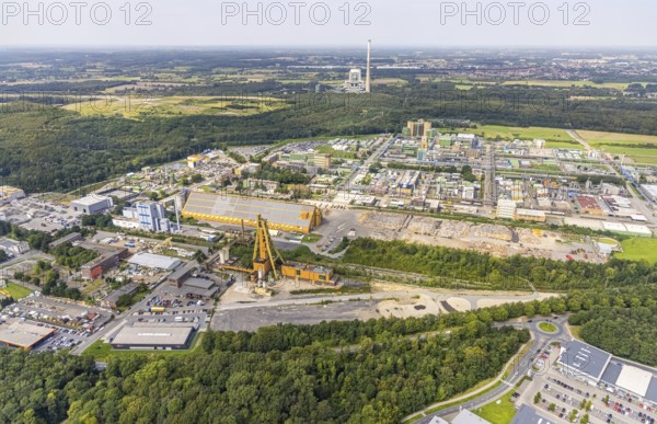 Aerial view, Bayer AG chemical plant and Neu-Monopol industrial estate with Umweltkontor Bergkamen and winding tower Grimberg Schacht in Bergkamen, Ruhr area, North Rhine-Westphalia, Germany, Bergkamen, DE, Europe, winding tower Grimberg Schacht, commercial enterprises, commercial area, industrial estate, industrial park, commercial site, commercial use, timber office, industrial estate, industrial building, industrial site, aerial view, aerial photography, aerial photography, recycling centre, overview, bird's-eye view, bird's-eye view, overview