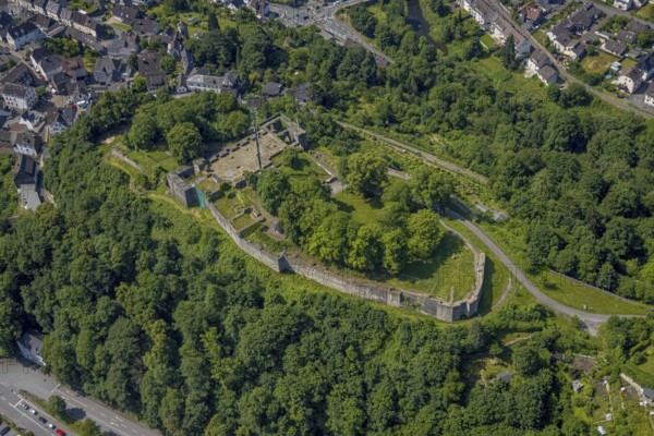 Aerial view, castle ruins Arnsberg, Arnsberg, Sauerland, North Rhine-Westphalia, Germany, castle, castle ruins, DE, Europe, Hochsauerlandkreis, aerial view, aerial photography, aerial photography, ruin, castle, castle Arnsberg, castle complex, castle hill, sight, overview, defence system, bird's eye view, birds-eyes view, historical, overview
