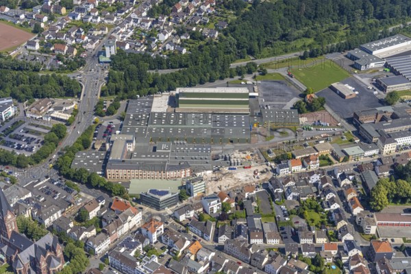 Aerial view, demolition site Dreiblitz-Haus on Möhnestrasse, Neheim, Arnsberg, Sauerland, North Rhine-Westphalia, Germany, demolition, construction work, construction area, construction site, construction measure, construction site, DE, Europe, Hochsauerlandkreis, aerial photograph, aerial photography, aerial photography, overview, bird's-eye view, bird's-eye view, overview
