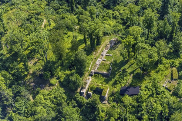 Aerial view, Rüdenburg castle ruins in the forest area, Arnsberg, Sauerland, North Rhine-Westphalia, Germany, Alte Grafenburg, castle, castle complex, castle ruins, DE, Europe, Hochsauerlandkreis, Höhenburg, aerial photograph, aerial photography, aerial photography, sight, overview, bird's-eye view, forest, forest area, birds-eyes view, overview