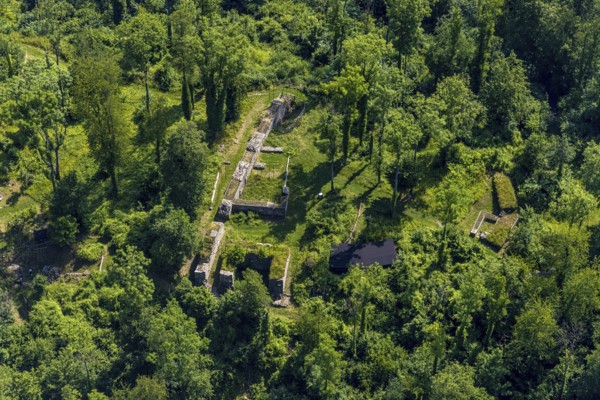 Aerial view, Rüdenburg castle ruins in the forest area, Arnsberg, Sauerland, North Rhine-Westphalia, Germany, Alte Grafenburg, castle, castle complex, castle ruins, DE, Europe, Hochsauerlandkreis, Höhenburg, aerial photograph, aerial photography, aerial photography, sight, overview, bird's-eye view, forest, forest area, birds-eyes view, overview