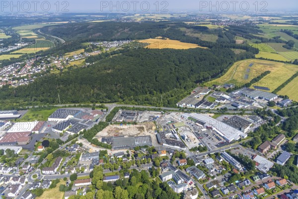 Aerial view, construction site at Graf-Gottfried-Straße, Neheim, Arnsberg, Sauerland, North Rhine-Westphalia, Germany, construction work, construction area, building site, building plots, construction project, construction site, DE, Europe, Hochsauerlandkreis, aerial photograph, aerial photography, aerial photography, overview, bird's-eye view, overview