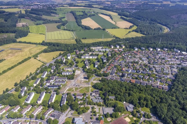 Aerial view, building site in housing estate Am Moosfelder Ring, Eschenstraße, Neheim, Arnsberg, Sauerland, North Rhine-Westphalia, Germany, DE, Europe, property tax, high-rise buildings, Hochsauerlandkreis, real estate, aerial view, aerial photography, aerial photography, apartment buildings, apartment blocks, overview, bird's-eye view, meadows and fields, housing estate, living and life, residential area, residential buildings, residential quality, housing estate, birds-eyes view, overview