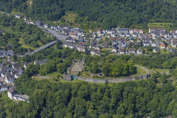 Aerial view, castle ruins Arnsberg, Arnsberg, Sauerland, North Rhine-Westphalia, Germany, castle, castle ruins, DE, Europe, Hochsauerlandkreis, aerial view, aerial photography, aerial photography, ruin, castle, castle Arnsberg, castle complex, castle hill, sight, overview, defence system, bird's eye view, birds-eyes view, historical, overview