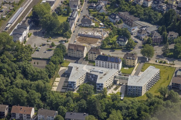 Aerial view, construction site and new building care centre, building complex for assisted living, Clemens-August-Straße, Arnsberg, Sauerland, North Rhine-Westphalia, Germany, care and nursing, DE, Europe, Hochsauerlandkreis, aerial view, aerial photography, aerial photography, care facility, retirement home, retirement centre, overview, bird's-eye view, assisted living, birds-eyes view, overview