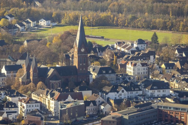 Aerial view, Cathedral of Neheim St. Johannes-Baptist in the district of Neheim in Arnsberg, Sauerland, North Rhine-Westphalia, Germany, place of worship, Arnsberg, DE, cathedral, Europe, religious community, place of worship, holy place, church, parish, denomination, aerial view, aerial photography, aerial photography, religion, religious site, overview, bird's-eye view, overview