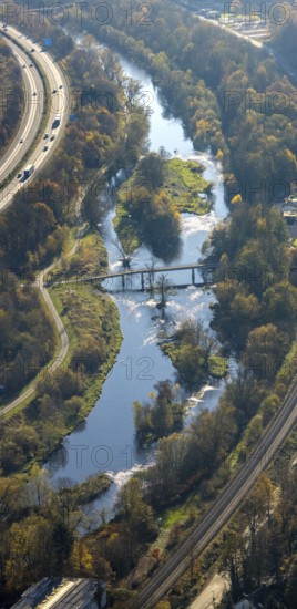Aerial view, renaturation of the Ruhr at the Schützenbrücke in the district Neheim in Arnsberg, Sauerland, North Rhine-Westphalia, Germany, Arnsberg, motorway A46, railway tracks, DE, Europe, aerial view, aerial photography, aerial photography, renaturation, overview, bird's-eye view, bird's-eye view, near-natural development, overview