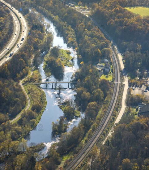 Aerial view, renaturation of the Ruhr at the Schützenbrücke in the district Neheim in Arnsberg, Sauerland, North Rhine-Westphalia, Germany, Arnsberg, motorway A46, railway tracks, DE, Europe, aerial view, aerial photography, aerial photography, renaturation, overview, bird's-eye view, bird's-eye view, near-natural development, overview