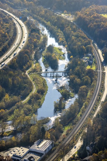 Aerial view, renaturation of the Ruhr at the Schützenbrücke in the district Neheim in Arnsberg, Sauerland, North Rhine-Westphalia, Germany, Arnsberg, motorway A46, railway tracks, DE, Europe, aerial view, aerial photography, aerial photography, renaturation, overview, bird's-eye view, bird's-eye view, near-natural development, overview
