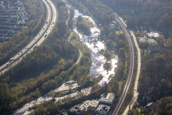 Aerial view, renaturation of the Ruhr at the Schützenbrücke in the district Neheim in Arnsberg, Sauerland, North Rhine-Westphalia, Germany, Arnsberg, motorway A46, railway tracks, DE, Europe, aerial view, aerial photography, aerial photography, renaturation, overview, bird's-eye view, bird's-eye view, near-natural development, overview