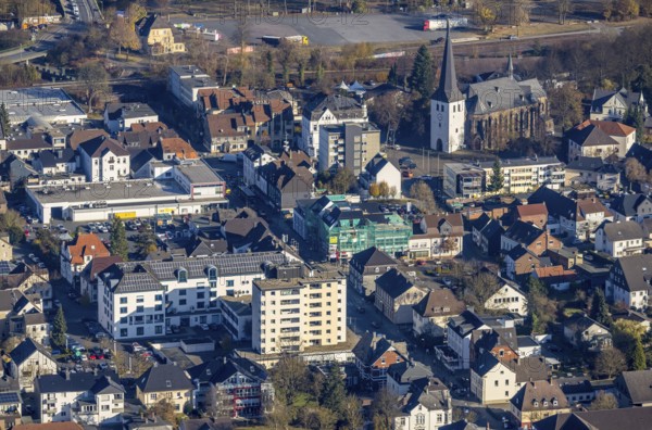 Aerial view, construction site at Heinrich-Lübke-Straße and St.Petri-Kirche in the district Hüsten in Arnsberg, Sauerland, North Rhine-Westphalia, Germany, place of worship, Arnsberg, construction work, construction area, building site, building plots, construction project, construction site, DE, Europe, religious community, place of worship, holy place, church, parish, denomination, aerial photograph, aerial photography, aerial photography, religion, religious site, overview, bird's eye view, birds-eyes view, overview