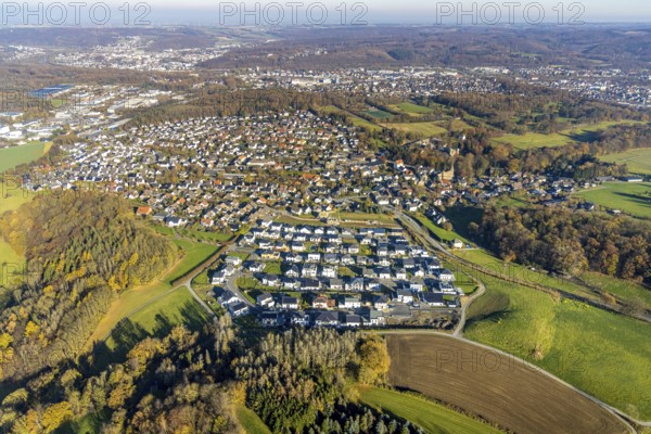 Aerial view, new housing estate Sternhelle-Ost on Ölinghauser Weg in the district of Herdringen in Arnsberg, Sauerland, North Rhine-Westphalia, Germany, Arnsberg, construction work, construction area, building site, building plots, construction project, DE, single-family houses, Europe, property tax, real estate, aerial view, aerial photography, aerial photography, mixed forest, Ölinghauser Weg, terraced houses, Stiepeler Straße, overview, bird's-eye view, forest dieback, housing estate, housing and living, residential area, residential buildings, quality of living, residential neighbourhood, housing estate, housing shortage, housing shortage, birds-eyes view, overview