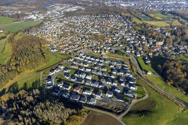 Aerial view, new housing estate Sternhelle-Ost on Ölinghauser Weg in the district of Herdringen in Arnsberg, Sauerland, North Rhine-Westphalia, Germany, Arnsberg, construction work, construction area, building site, building plots, construction project, DE, single-family houses, Europe, property tax, real estate, aerial view, aerial photography, aerial photography, mixed forest, Ölinghauser Weg, terraced houses, Stiepeler Straße, overview, bird's-eye view, forest dieback, housing estate, housing and living, residential area, residential buildings, quality of living, residential neighbourhood, housing estate, housing shortage, housing shortage, birds-eyes view, overview