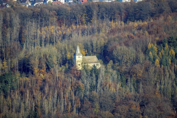 Aerial view, chapel on the Fürstenberg in the forest area in the district Höingen in Ense, Sauerland, North Rhine-Westphalia, Germany, DE, Ense, Europe, Fürstenberg chapel, chapel, aerial view, aerial photography, aerial photography, overview, bird's-eye view, forest area, birds-eyes view, overview