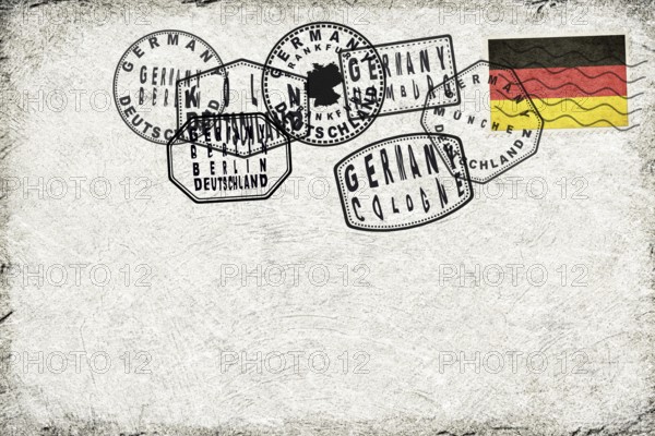 Germany Vintage Postcard with Flag Stamp and City Postmarks