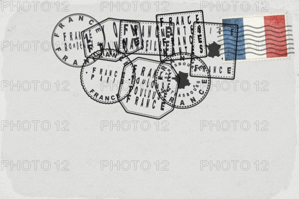 France Vintage Postcard with Flag Stamp and City Postmarks