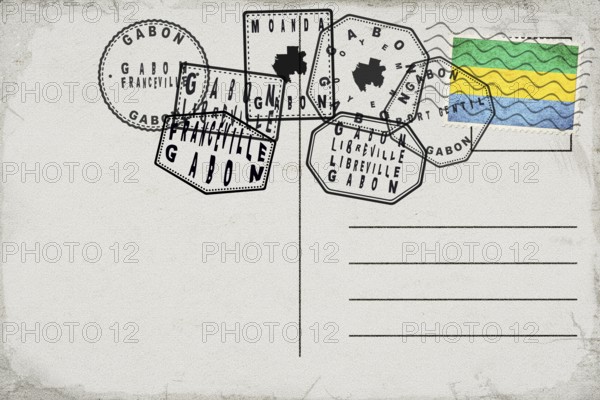 Gabon Vintage Postcard with Flag Stamp and City Postmarks