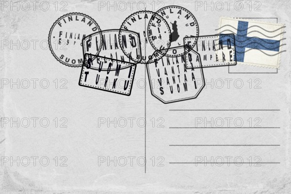 Finland Vintage Postcard with Flag Stamp and City Postmarks