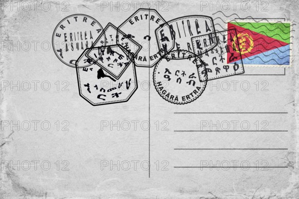 Eritrea Vintage Postcard with Flag Stamp and City Postmarks