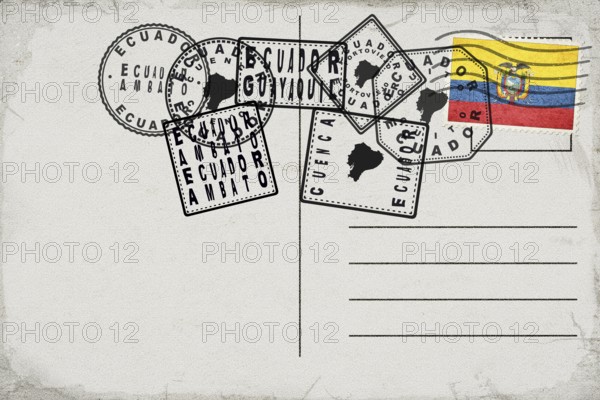 Ecuador Vintage Postcard with Flag Stamp and City Postmarks