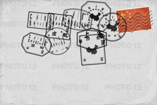 China Vintage Postcard with Flag Stamp and City Postmarks