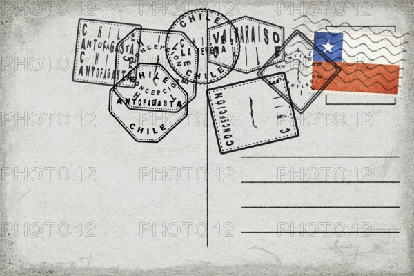 Chile Vintage Postcard with Flag Stamp and City Postmarks