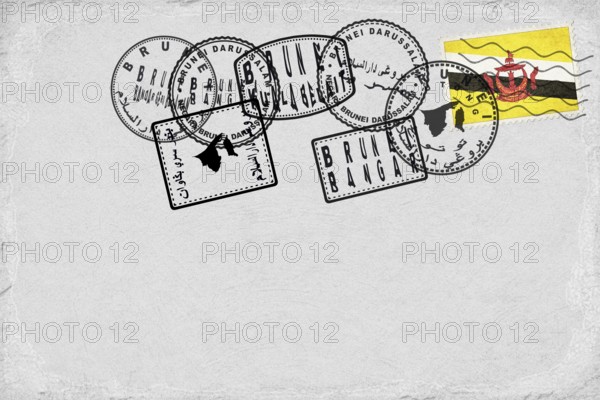 Brunei Vintage Postcard with Flag Stamp and City Postmarks