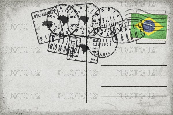 Brazil Vintage Postcard with Flag Stamp and City Postmarks