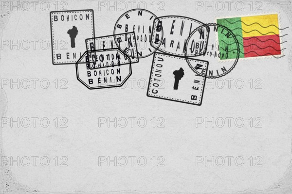 Benin Vintage Postcard with Flag Stamp and City Postmarks