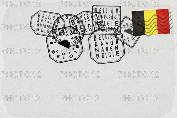 Belgium Vintage Postcard with Flag Stamp and City Postmarks