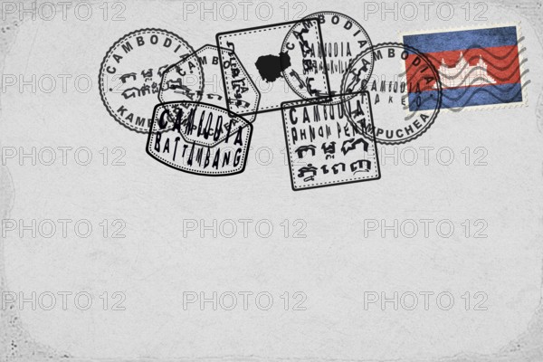 Cambodia Vintage Postcard with Flag Stamp and City Postmarks