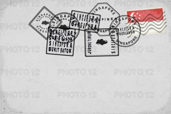 Singapore Vintage Postcard with Flag Stamp and City Postmarks