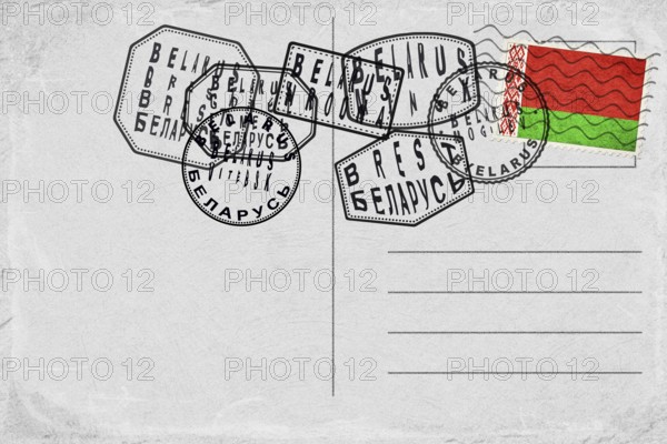 Belarus Vintage Postcard with Flag Stamp and City Postmarks
