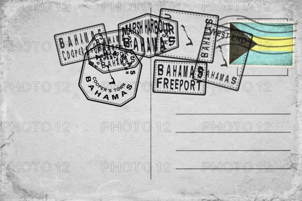 Bahamas Vintage Postcard with Flag Stamp and City Postmarks