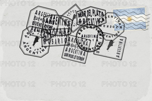 Argentina Vintage Postcard with Flag Stamp and City Postmarks