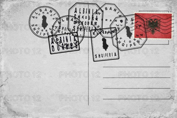 Albania Vintage Postcard with Flag Stamp and City Postmarks