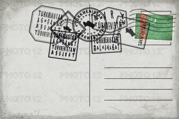 Turkmenistan Vintage Postcard with Flag Stamp and City Postmarks