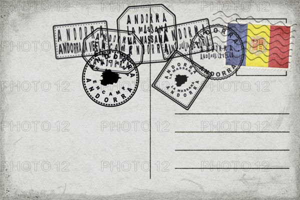 Andorra Vintage Postcard with Flag Stamp and City Postmarks