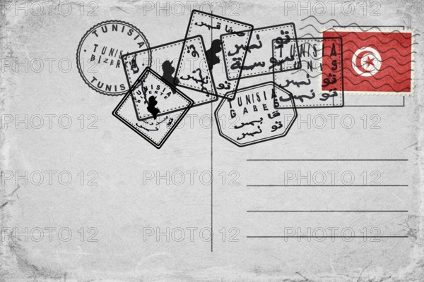 Tunisia Vintage Postcard with Flag Stamp and City Postmarks